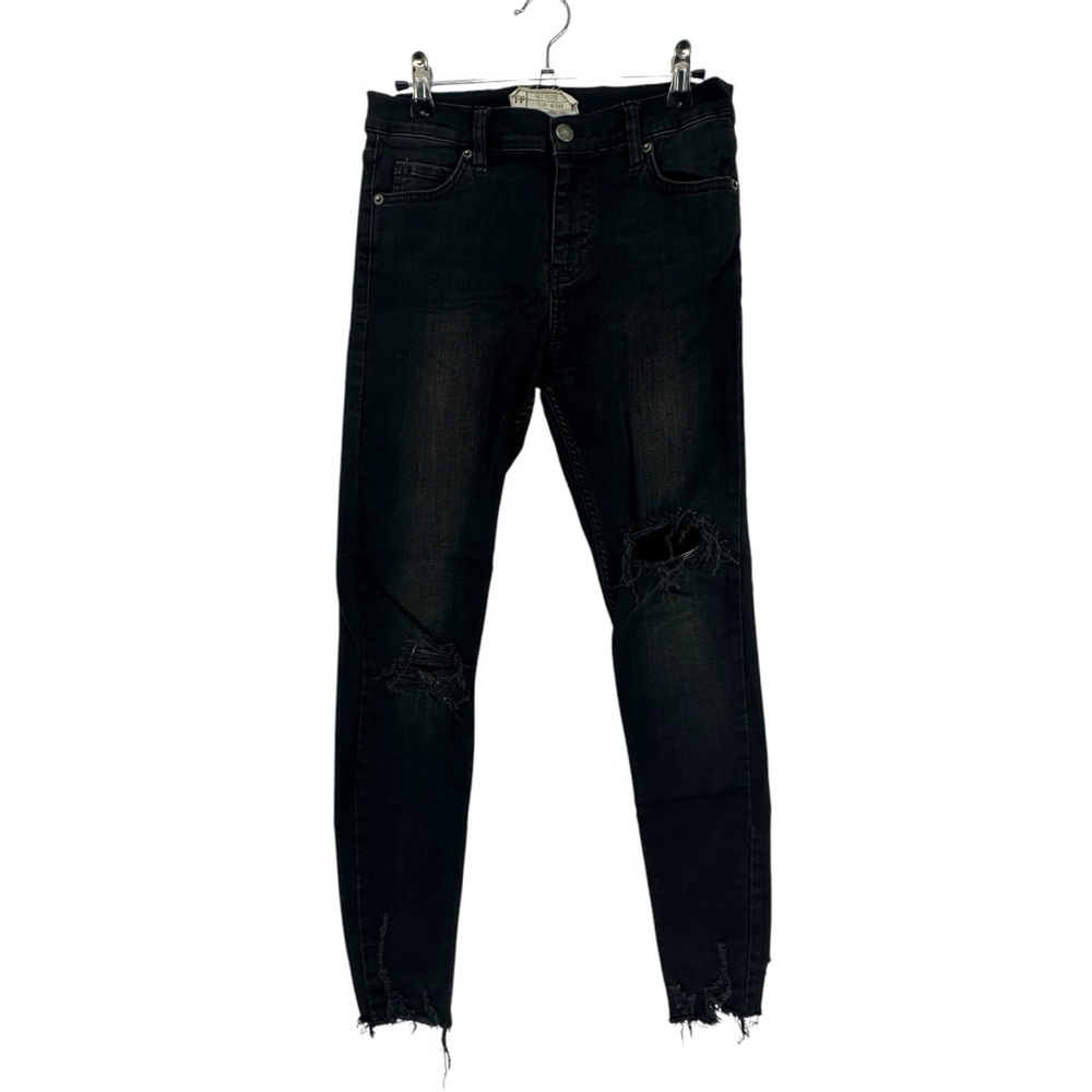 Free People Shark Bite Distressed Raw Hem Skinny Jeans 26R Faded Black